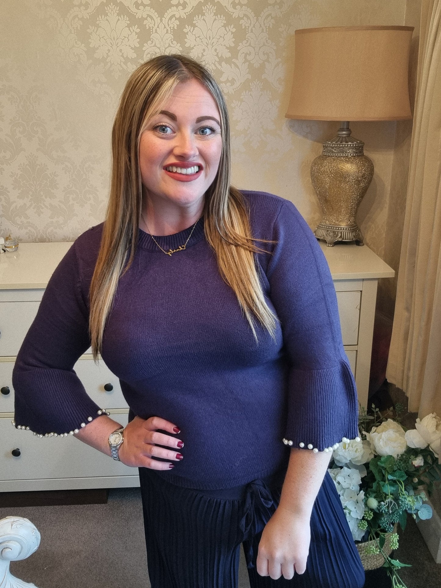 Violet Pearl Sleeve Jumper - Navy