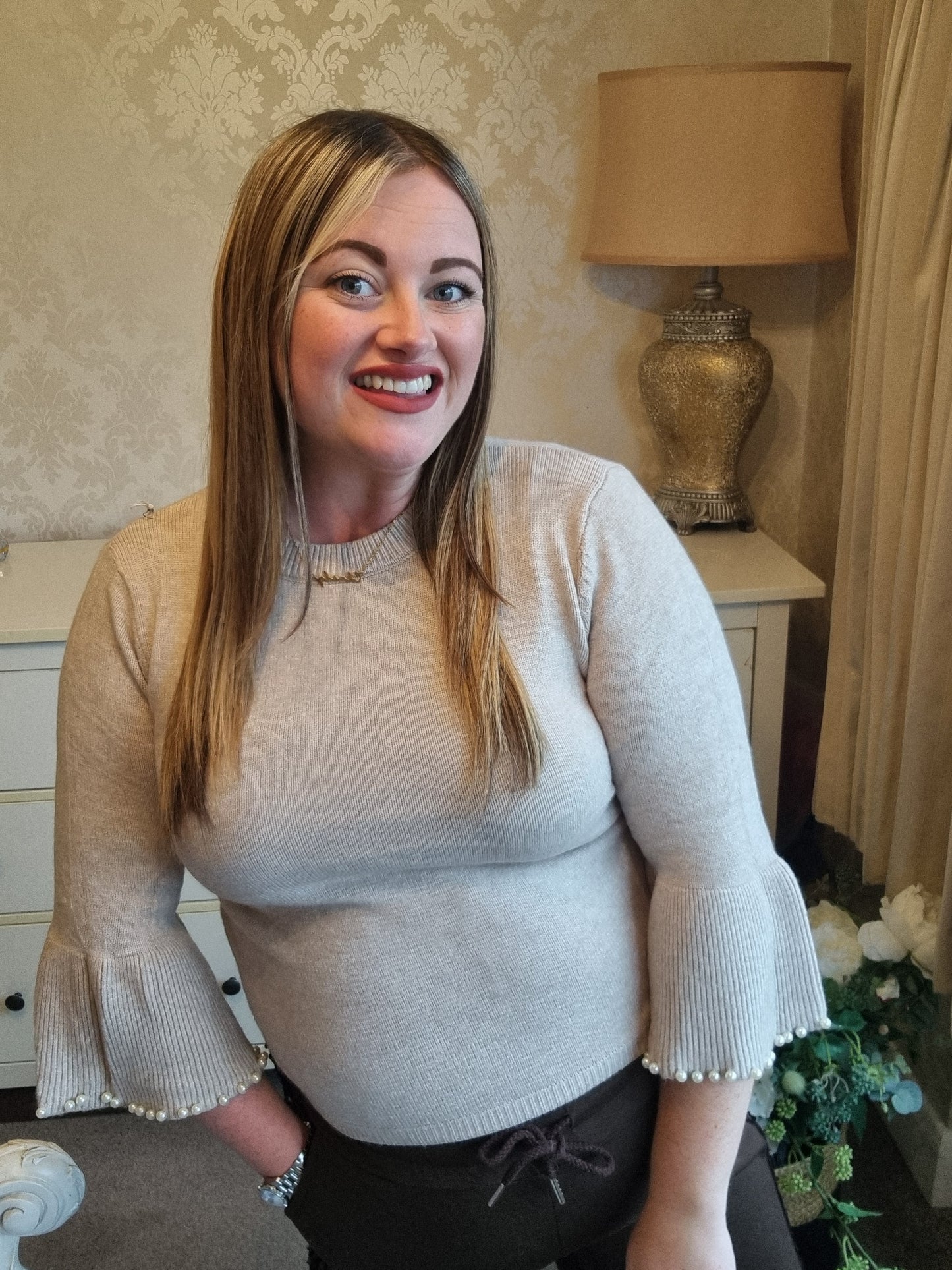 Violet Pearl Sleeve Jumper - Beige