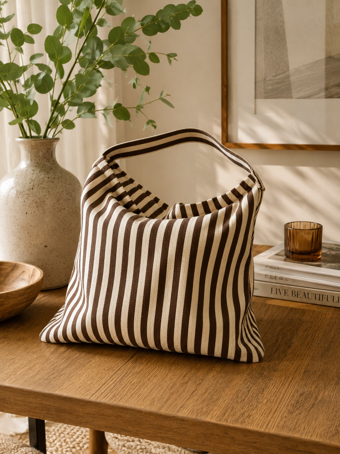Stripe Beach Bag - Brown