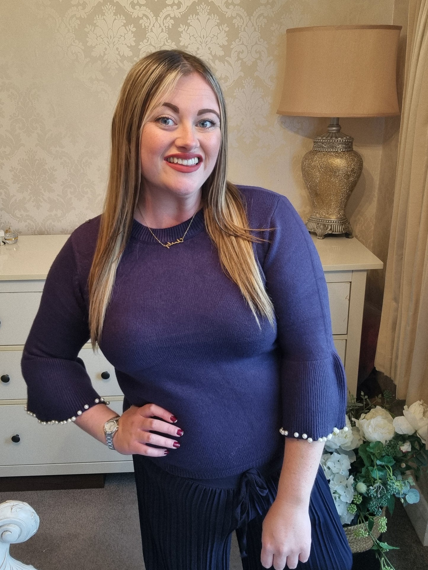 Violet Pearl Sleeve Jumper - Navy