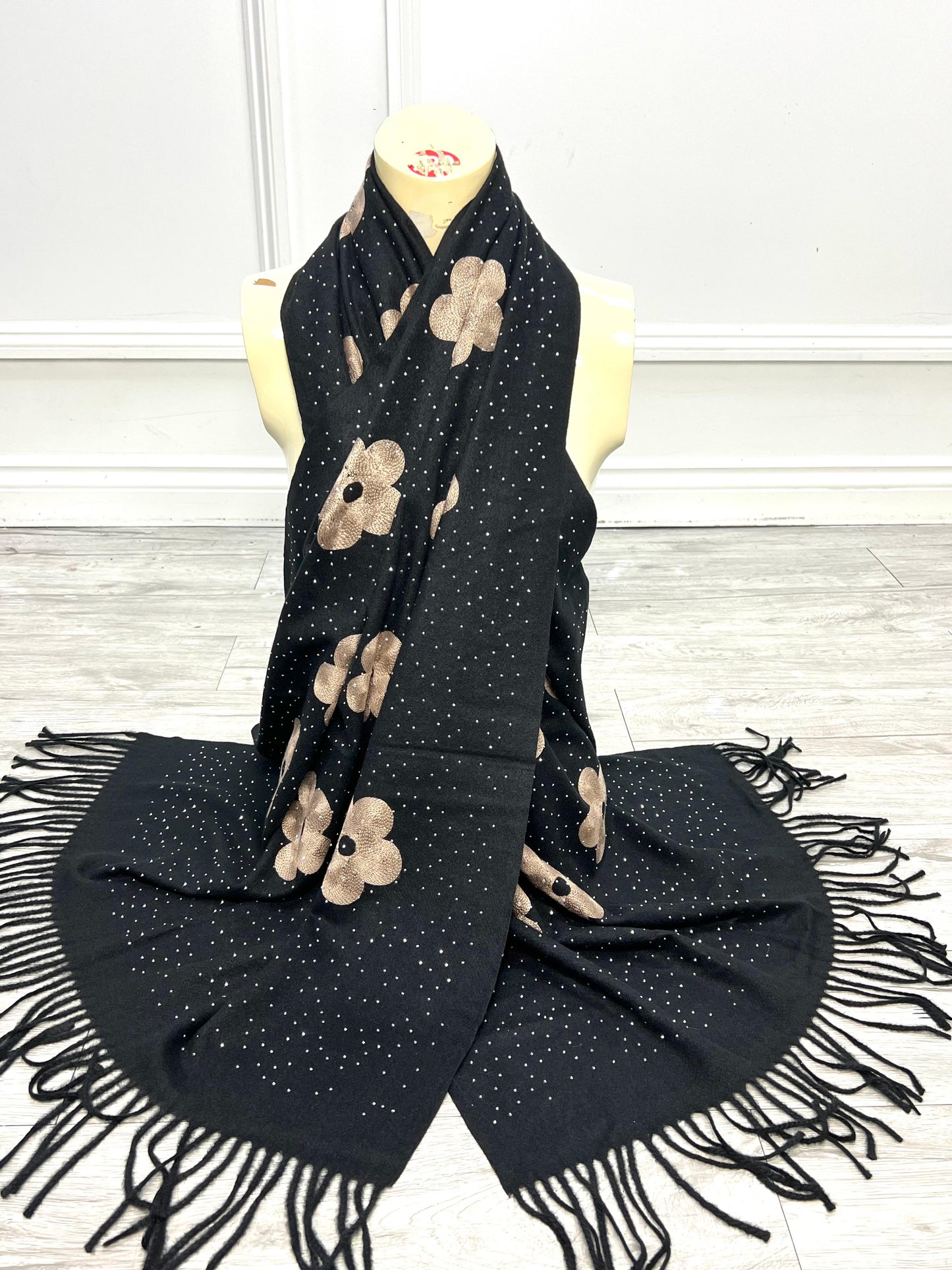 Black Flower Print Diamanté Scarf