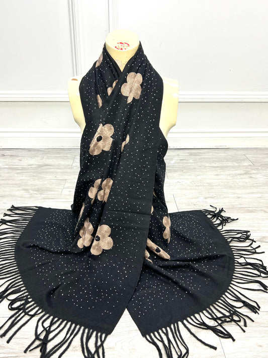 Black Flower Print Diamanté Scarf